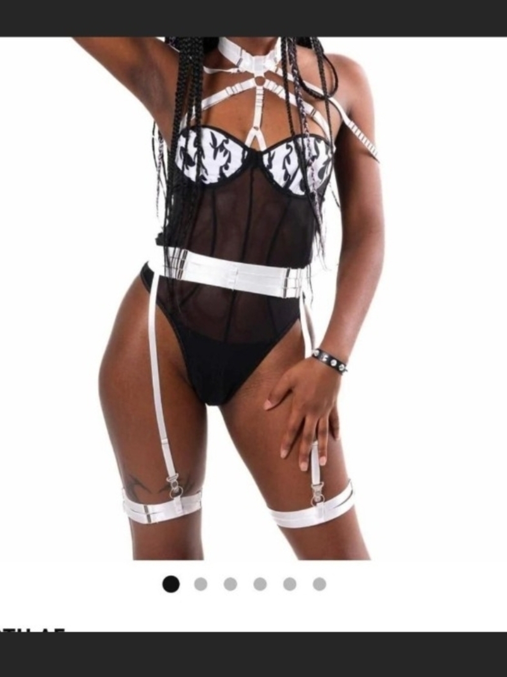 Nvr Worn~Women’s Black Mesh Bodysuit with White Harness Straps